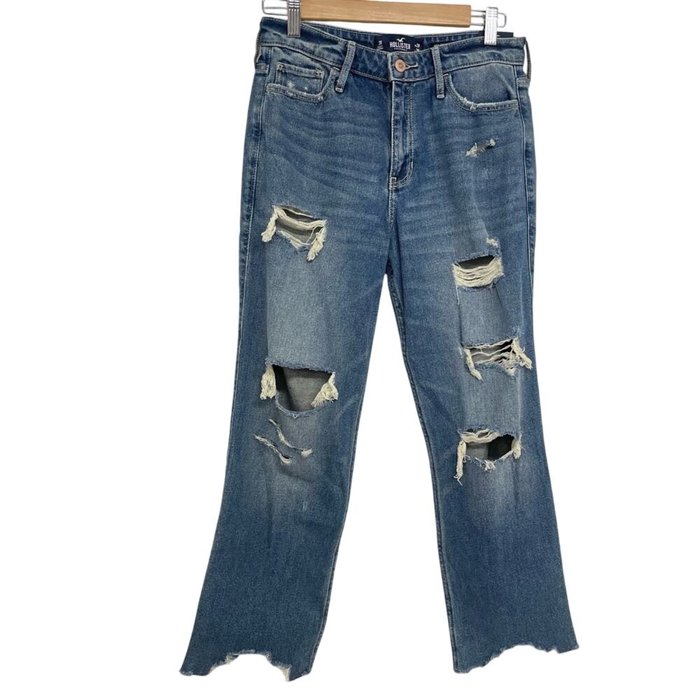Hollister High Rise Slim Straight Jeans Distressed Raw Hem Ankle Length Women 28